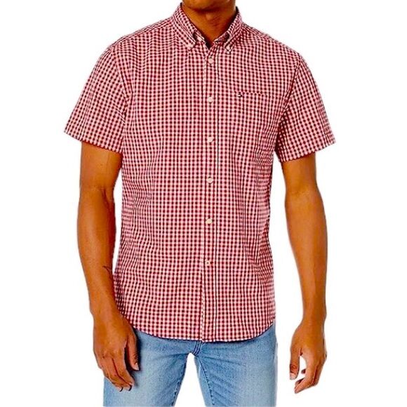 Tommy Hilfiger Men’s Short Sleeve Button Down Cotton Red White Shirt Size 17 XL - Picture 1 of 9